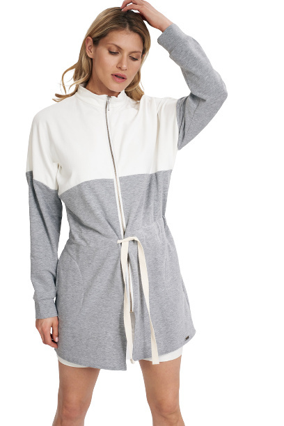 Bluza damska długa rozpinana wiązana bawełniana ecru-szary M784 Bluza damska długa rozpinana wiązana bawełniana ecru-szary M784