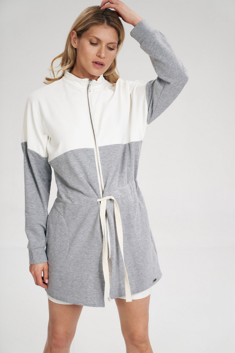 Bluza damska długa rozpinana wiązana bawełniana ecru-szary M784 Bluza damska długa rozpinana wiązana bawełniana ecru-szary M784