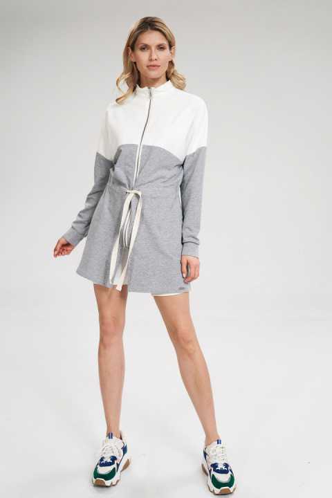 Bluza damska długa rozpinana wiązana bawełniana ecru-szary M784 Bluza damska długa rozpinana wiązana bawełniana ecru-szary M784