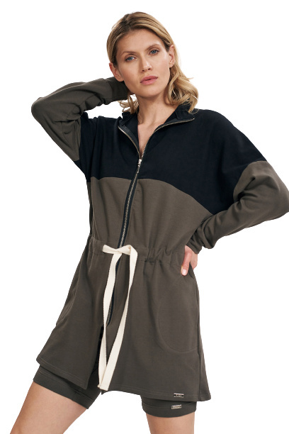 Bluza damska długa rozpinana wiązana bawełniana oliwka-czarny M784 Bluza damska długa rozpinana wiązana bawełniana oliwka-czarny M784