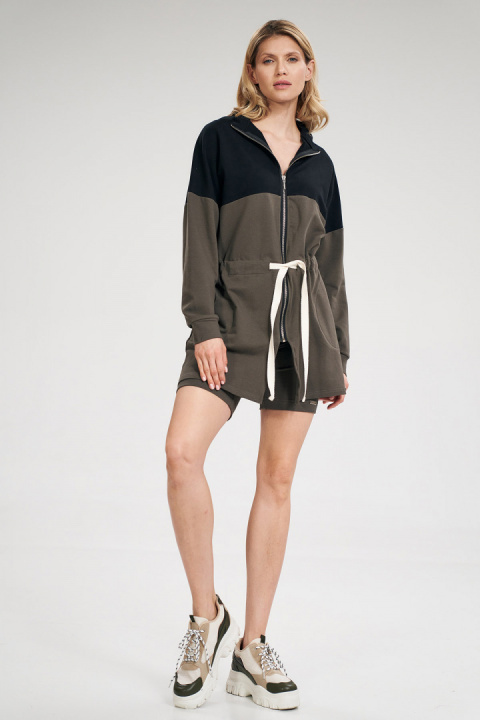 Bluza damska długa rozpinana wiązana bawełniana oliwka-czarny M784 Bluza damska długa rozpinana wiązana bawełniana oliwka-czarny M784