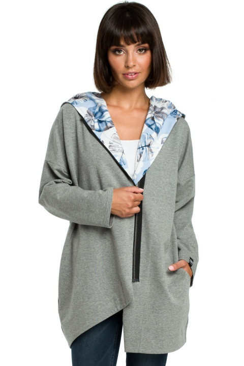 Bluza damska oversize z kapturem rozpinana na skos szara L/XL B091 Bluza damska oversize z kapturem rozpinana na skos szara L/XL B091