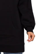 Długa bluza damska oversize z kapturem i kieszenią czarna S/M me534