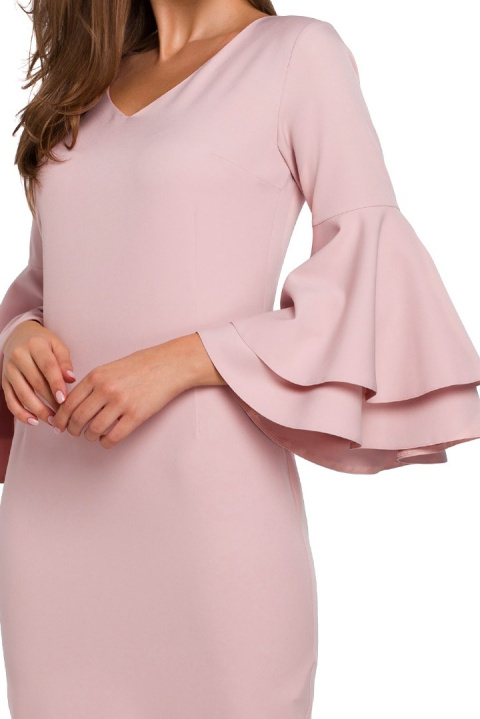 Elegancka sukienka ołówkowa midi falbany przy rękawach różowa S k002 Elegancka sukienka ołówkowa midi falbany przy rękawach różowa S k002