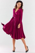 Sukienka midi rozkloszowana wiązana długi rękaw dekolt V bordowa A471