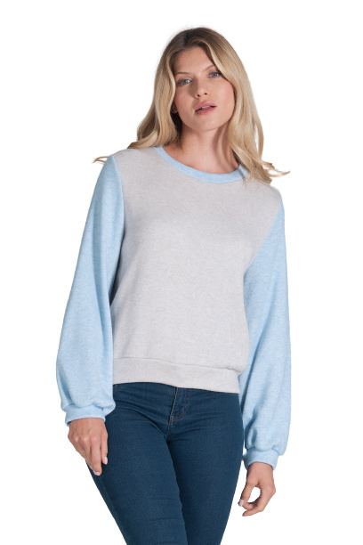Sweter damski ciepły ze ściągaczem bufiaste rękawy beż-błękit M855 Sweter damski ciepły ze ściągaczem bufiaste rękawy beż-błękit M855