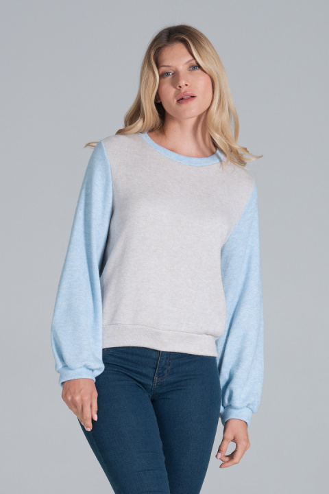 Sweter damski ciepły ze ściągaczem bufiaste rękawy beż-błękit M855 Sweter damski ciepły ze ściągaczem bufiaste rękawy beż-błękit M855