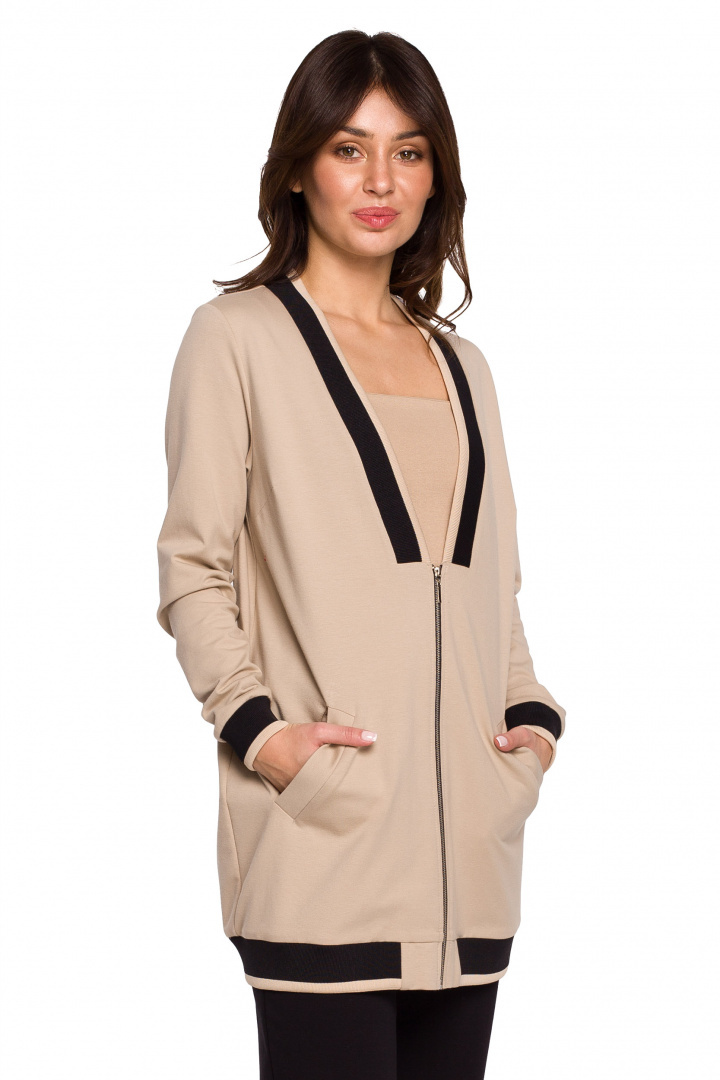 Bluza damska dzianinowa rozpinana ściągacz dekolt V beżowa B227 Bluza damska dzianinowa rozpinana ściągacz dekolt V beżowa B227
