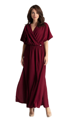 Sukienka maxi rozkloszowana z gumką i krótkim rękawem bordowa L055