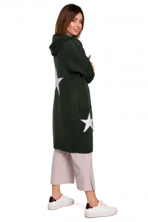 Długi kardigan damski bez zapiecia z kapturem khaki BK063 Długi kardigan damski bez zapiecia z kapturem khaki BK063