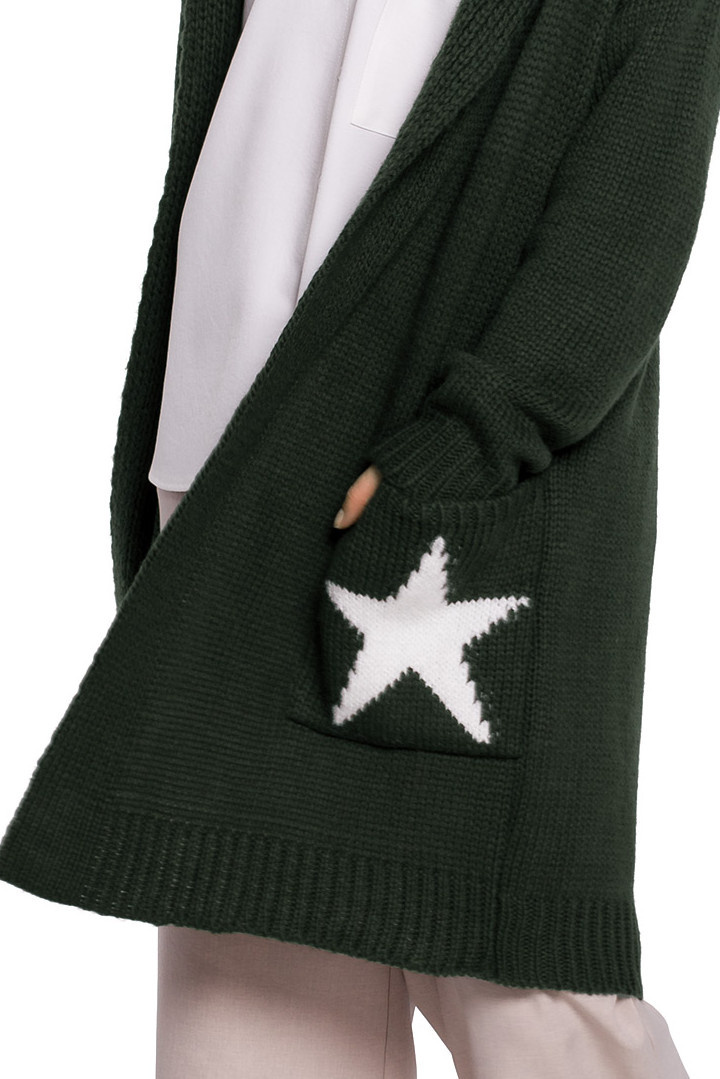 Długi kardigan damski bez zapiecia z kapturem khaki BK063 Długi kardigan damski bez zapiecia z kapturem khaki BK063