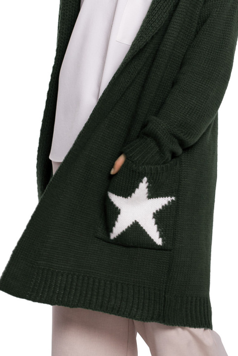 Długi kardigan damski bez zapiecia z kapturem khaki BK063 Długi kardigan damski bez zapiecia z kapturem khaki BK063