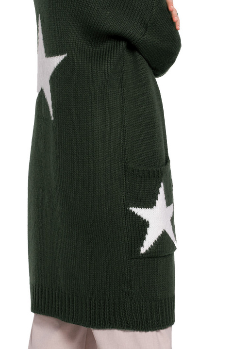 Długi kardigan damski bez zapiecia z kapturem khaki BK063 Długi kardigan damski bez zapiecia z kapturem khaki BK063