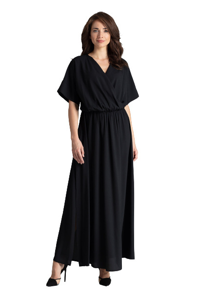 Sukienka maxi rozkloszowana z gumką i krótkim rękawem czarna L055