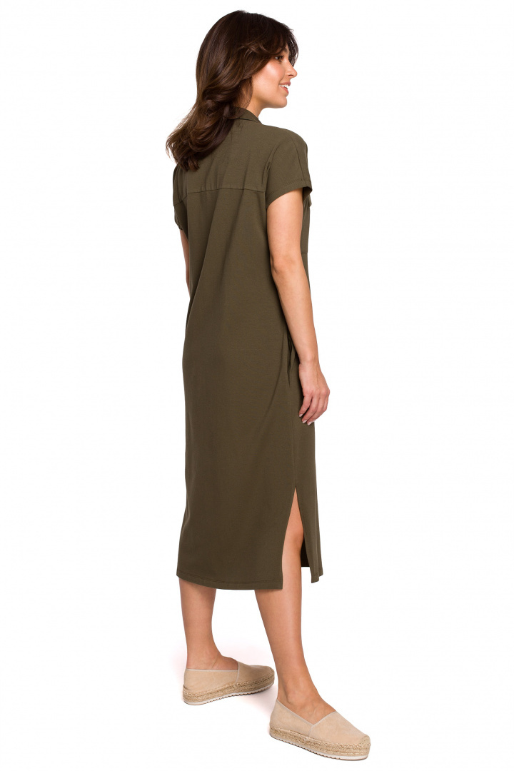 Sukienka midi koszulowa safari kołnierzyk krótki rękaw khaki B222 Sukienka midi koszulowa safari kołnierzyk krótki rękaw khaki B222