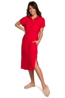 Sukienka midi koszulowa safari kołnierzyk krótki rękaw czerwona B222