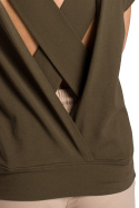 Bluzka damska dzianinowa krótki rękaw wycięcie z tyłu khaki B224