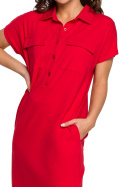 Sukienka midi koszulowa safari kołnierzyk krótki rękaw czerwona B222