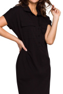Sukienka midi koszulowa safari kołnierzyk krótki rękaw czarna B222