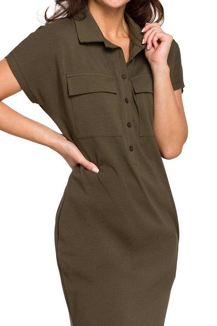 Sukienka midi koszulowa safari kołnierzyk krótki rękaw khaki B222 Sukienka midi koszulowa safari kołnierzyk krótki rękaw khaki B222