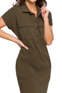 Sukienka midi koszulowa safari kołnierzyk krótki rękaw khaki B222