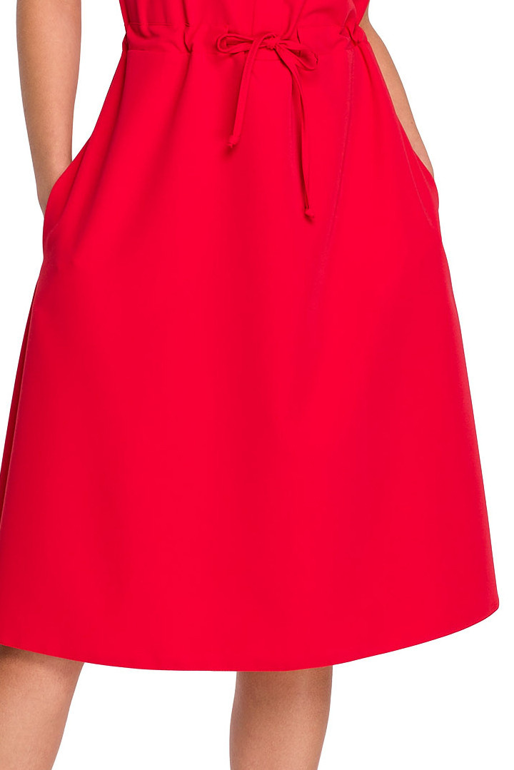 Sukienka midi safari rozkloszowana wiązana krótki rękaw czerwona S298
