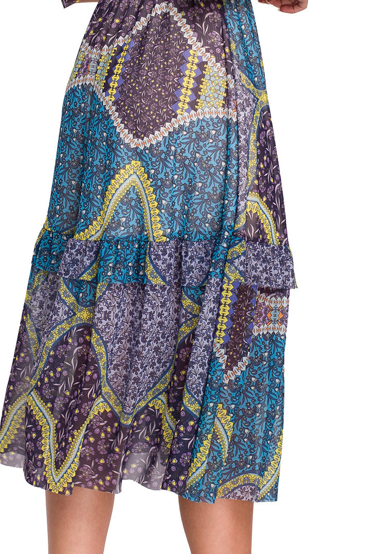 Sukienka midi z siatki z nadrukiem falbanka krótki rękaw m2 S301