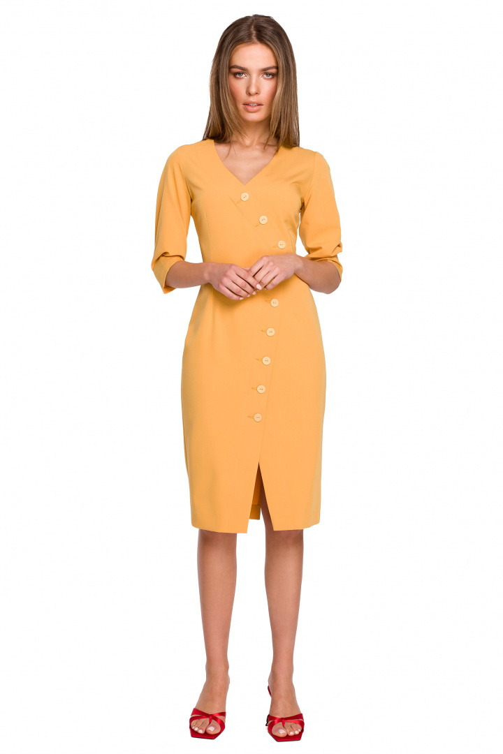 Sukienka midi dopasowana asymetryczna na zakładkę żółta S295
