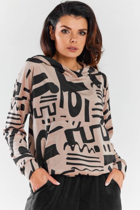Bluza damska kangurka welurowa z kapturem dresowa wzór beżowa A473 Bluza damska kangurka welurowa z kapturem dresowa wzór beżowa A473