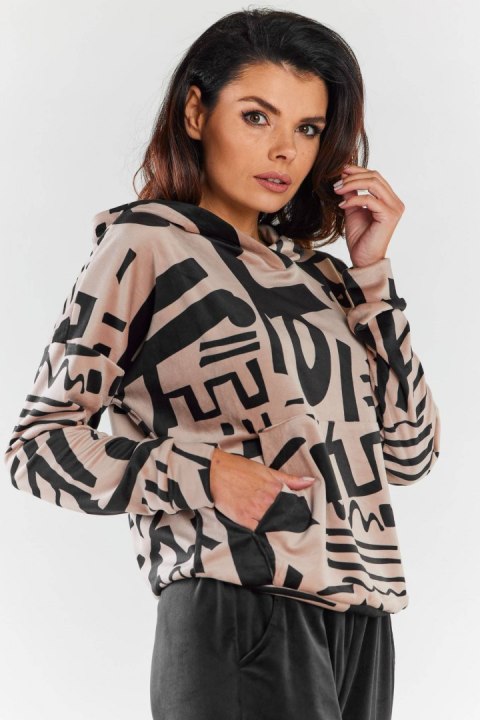 Bluza damska kangurka welurowa z kapturem dresowa wzór beżowa A473 Bluza damska kangurka welurowa z kapturem dresowa wzór beżowa A473
