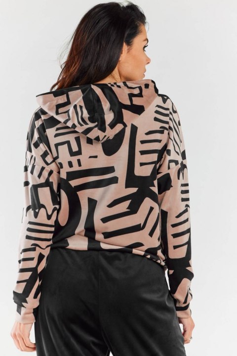Bluza damska kangurka welurowa z kapturem dresowa wzór beżowa A473 Bluza damska kangurka welurowa z kapturem dresowa wzór beżowa A473