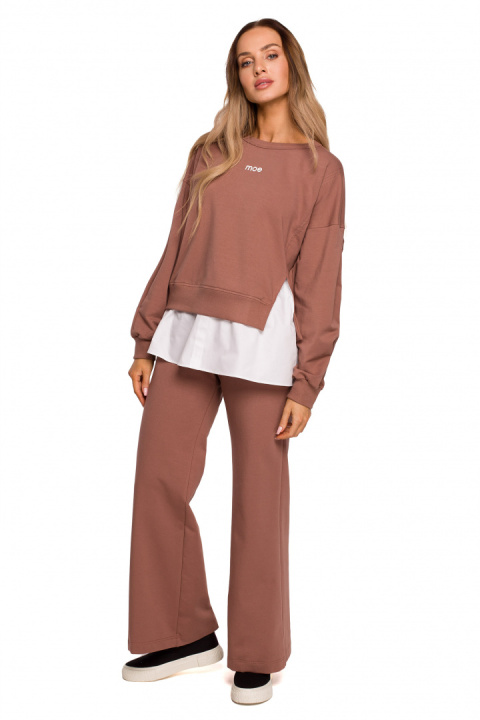 Bluza damska oversize z doszytą koszulą dzianina brązawa me674 Bluza damska oversize z doszytą koszulą dzianina brązawa me674