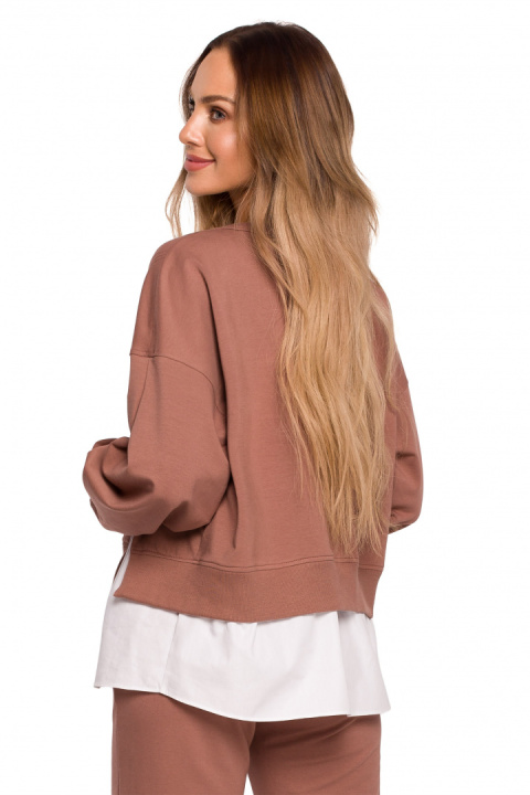 Bluza damska oversize z doszytą koszulą dzianina brązawa me674 Bluza damska oversize z doszytą koszulą dzianina brązawa me674