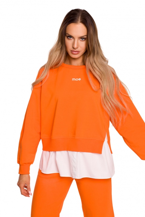 Bluza damska oversize z doszytą koszulą dzianina pomarańczowa me674 Bluza damska oversize z doszytą koszulą dzianina pomarańczowa me674