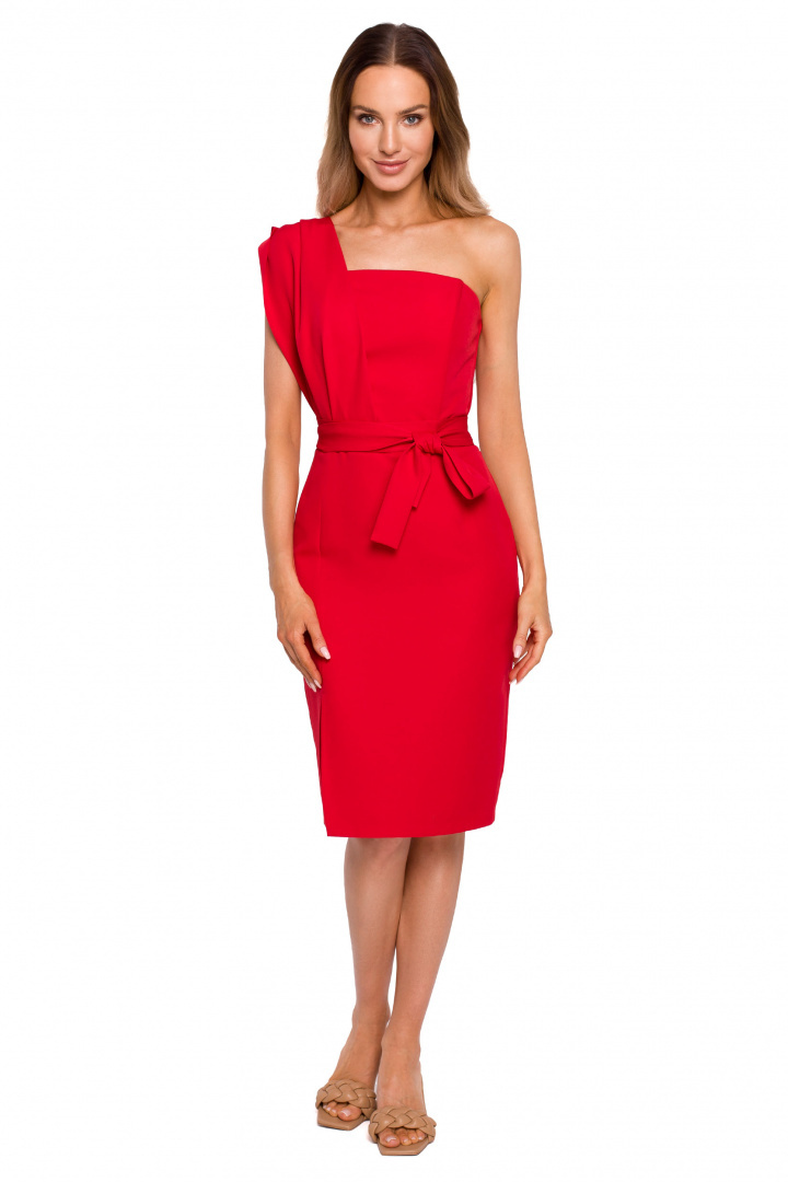 Sukienka ołówkowa midi na jedno ramię bez rękawów czerwona me673