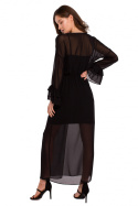 Sukienka szyfonowa maxi dekolt V z koronką długi rękaw czarna K136