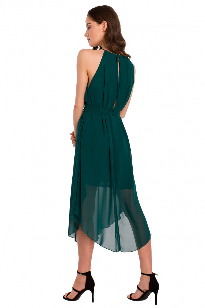 Sukienka szyfonowa midi z falbanką bez rękawów pasek zielona K137