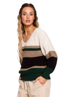 Sweter damski w kolorowe pasy z głębokim dekoltem w serek m1 me686