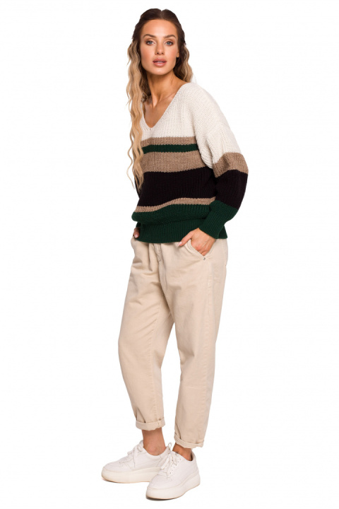 Sweter damski w kolorowe pasy z głębokim dekoltem w serek m1 me686 Sweter damski w kolorowe pasy z głębokim dekoltem w serek m1 me686