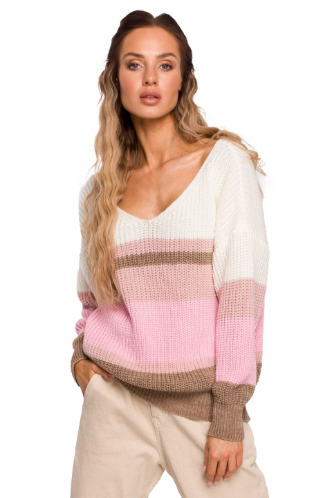 Sweter damski w kolorowe pasy z głębokim dekoltem w serek m4 me686 Sweter damski w kolorowe pasy z głębokim dekoltem w serek m4 me686