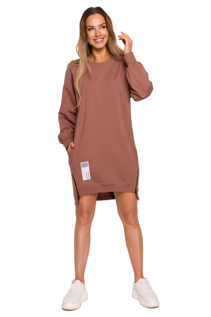 Bluza damska tunika długa luźna ozdobne zamki brązowa me676 Bluza damska tunika długa luźna ozdobne zamki brązowa me676