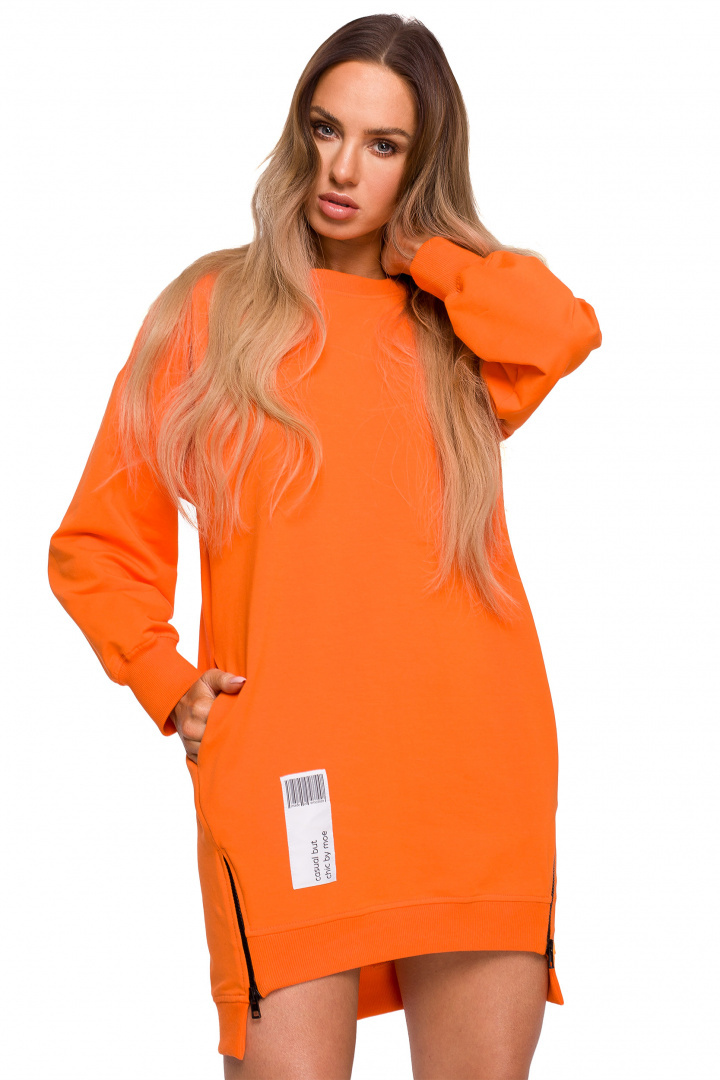 Bluza damska tunika długa luźna ozdobne zamki pomarańczowa me676 Bluza damska tunika długa luźna ozdobne zamki pomarańczowa me676