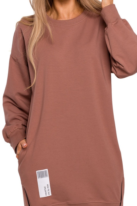 Bluza damska tunika długa luźna ozdobne zamki brązowa me676 Bluza damska tunika długa luźna ozdobne zamki brązowa me676