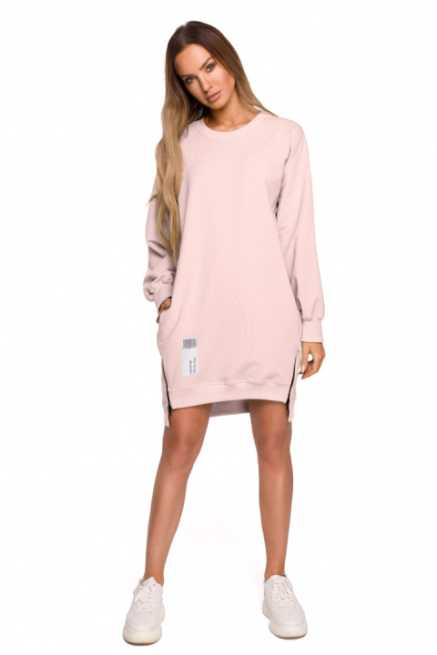 Bluza damska tunika długa luźna ozdobne zamki różowa me676 Bluza damska tunika długa luźna ozdobne zamki różowa me676