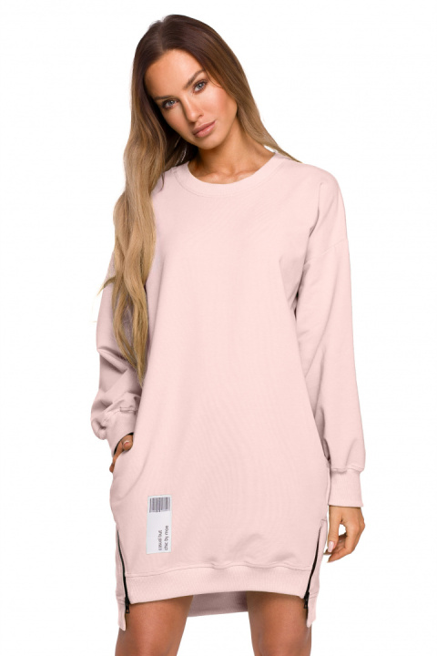 Bluza damska tunika długa luźna ozdobne zamki różowa me676 Bluza damska tunika długa luźna ozdobne zamki różowa me676