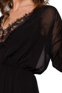 Sukienka szyfonowa maxi dekolt V z koronką długi rękaw czarna K136