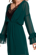 Sukienka szyfonowa maxi dekolt V z koronką długi rękaw zielona K136
