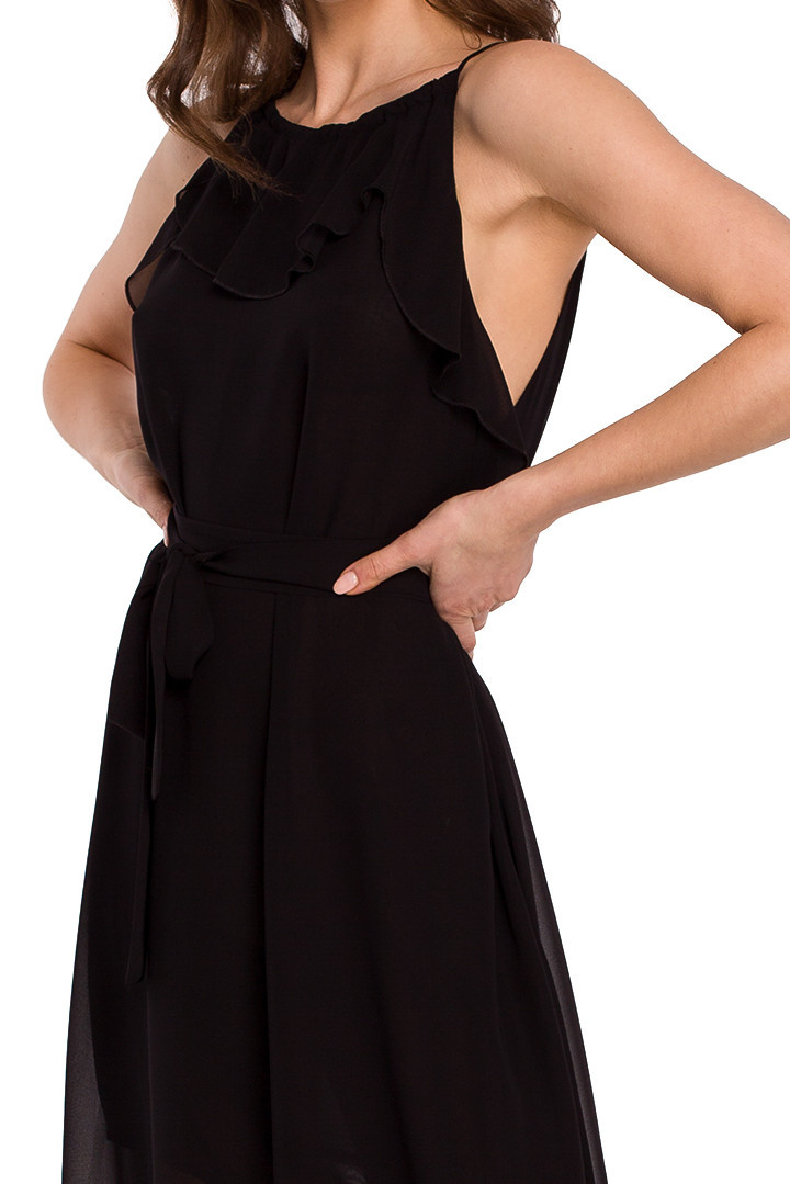 Sukienka szyfonowa midi z falbanką bez rękawów pasek czarna K137