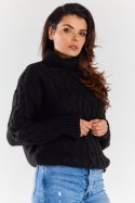 Sweter damski z golfem zimowy ciepły wzór warkocz czarny A479
