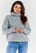 Sweter damski z golfem zimowy ciepły wzór warkocz szary A479